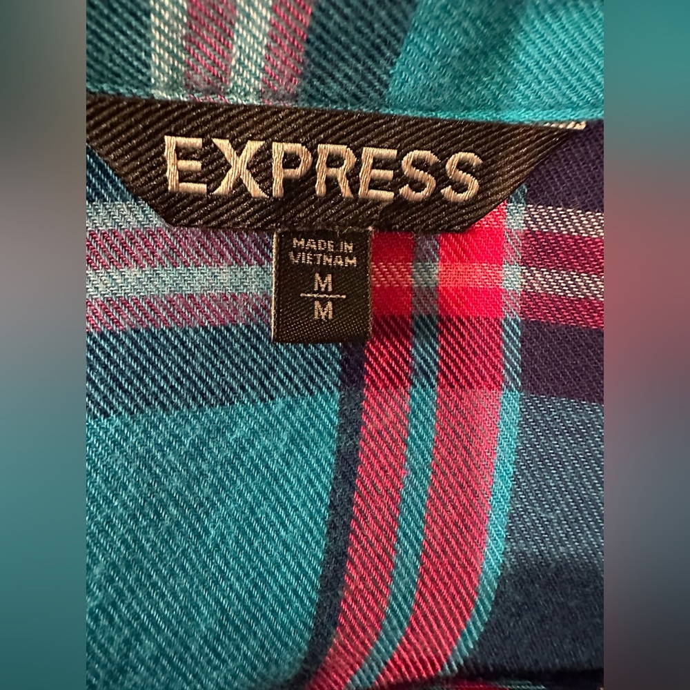Express plaid vibrant blue flannel look roll tab sleeves wear up / down medium - Picture 6 of 6